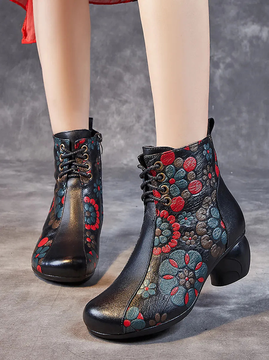 Retro Leather Flower Print Chunky Heel Boots