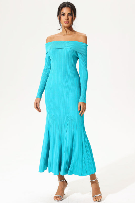 Long Sleeve Off-shoulder Slim Fishtail Knit Midi Dress