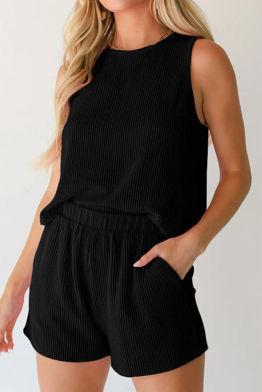 Cool Black Corded Sleeveless Top and Pocketed Shorts Set