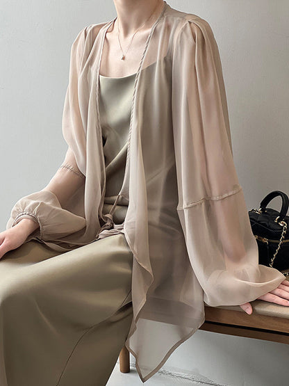 Bishop Sleeve Long Sleeves See-through Split-joint Tied Collarless Blouses&shirts Tops