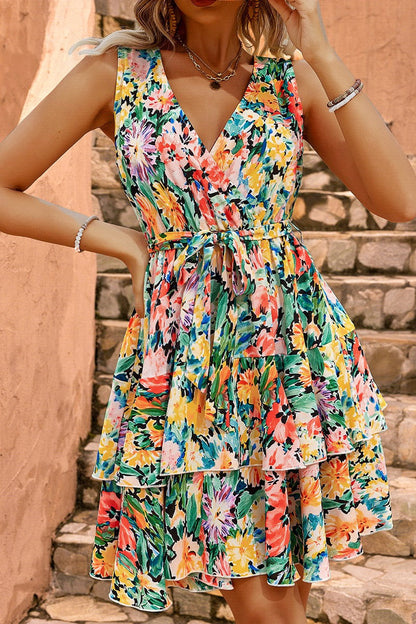 V-neck Lace Up Layered Hem Sleeveless Mini Dress