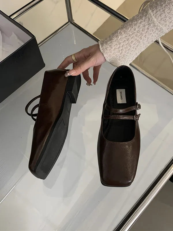 Belt Buckle Shallow Cut Split-joint Square-toe Flats Mary Janes