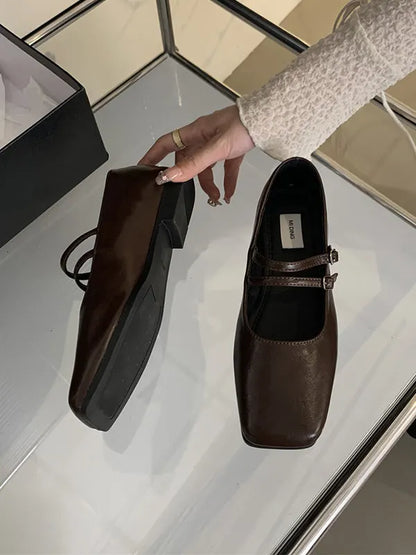 Belt Buckle Shallow Cut Split-joint Square-toe Flats Mary Janes