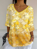 Women's Yellow Gradient V-neck Printed Long Top artswardrobe