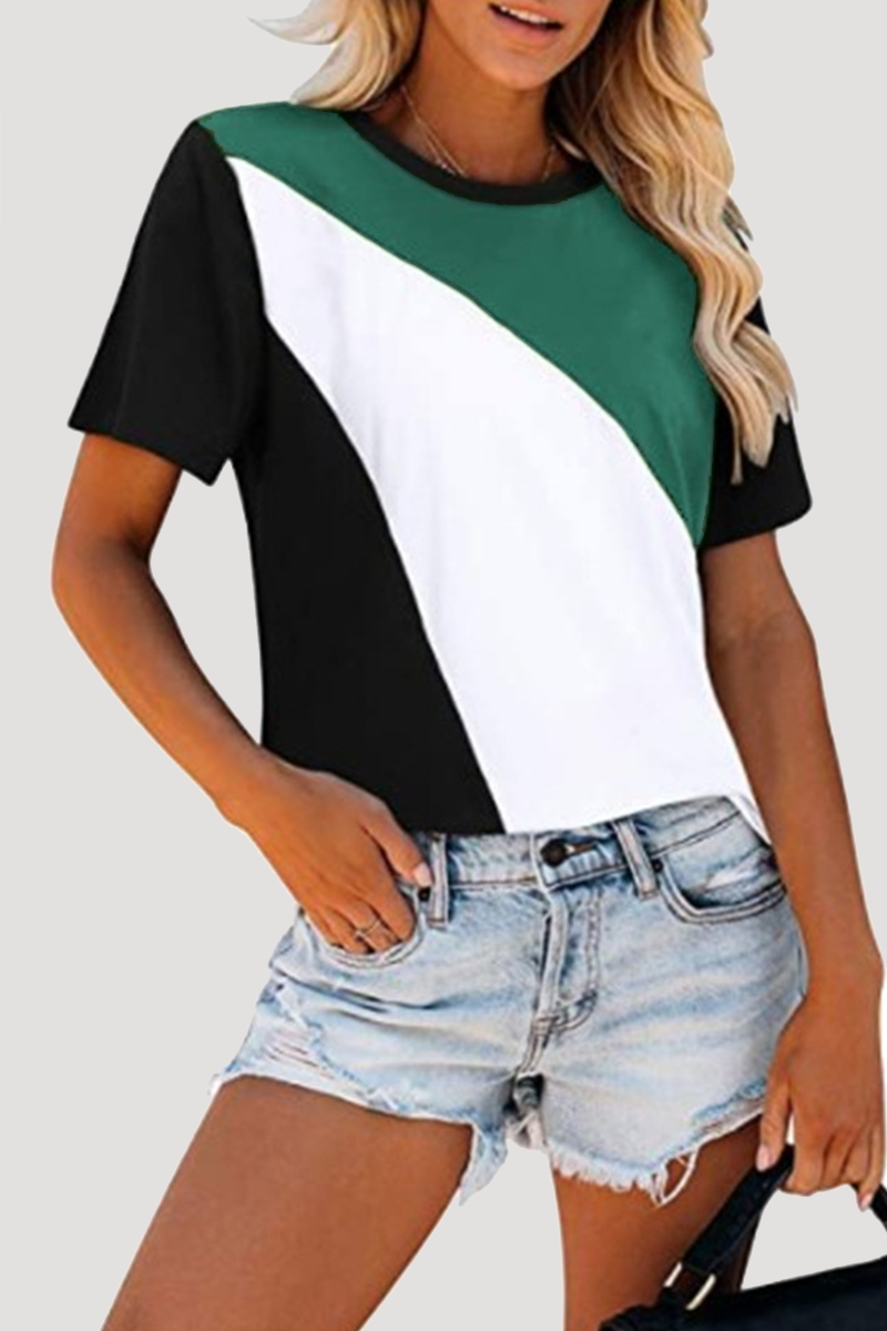 Patchwork Leopard Contrast O Neck T-shirts(4 Colors)