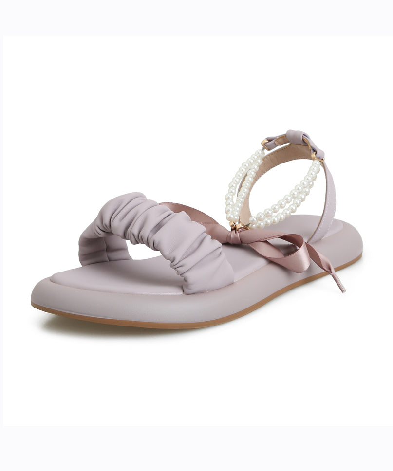 Purple Cowhide Leather Sandals Peep Toe Splicing Bow Lace Up Aa013