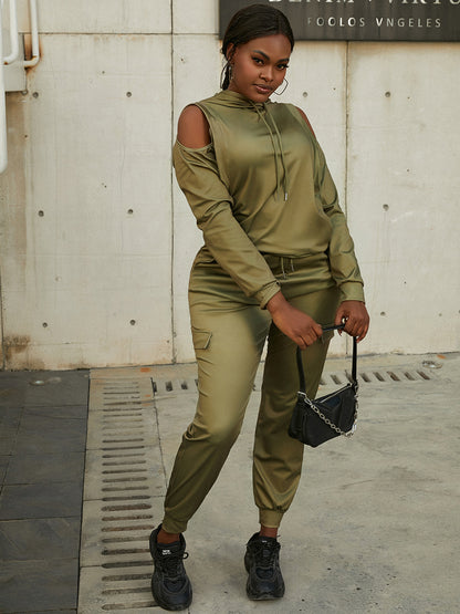 Hooded Collar Cut Out Side Pocket Tracksuit Set Autumn Winter Round Neck Long Sleeve Two Pieces Pants Sets for
