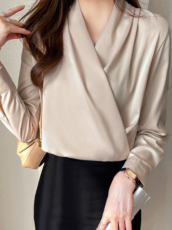 Long Sleeves Loose Buttoned Color V-neck Blouses&shirts Tops
