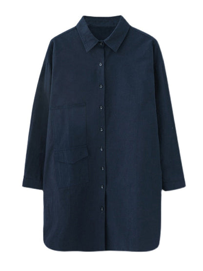 Simple Buttoned Lapel Collar Long Sleeves Blouse