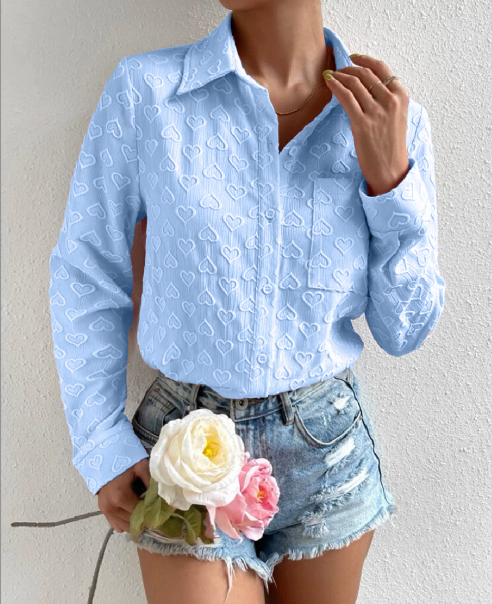 Early Autumn Wear Long Sleeve Collared Shirt Heart Shaped Jacquard Cardigan Top