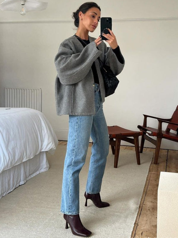 New Fashionable Short V-neck Woolen Cardigan Single-button Jacket