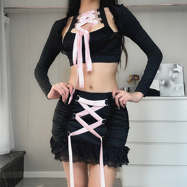 Taruxy Bandage Splice Lace Skirts Sets Hollow Out Long Sleeve Crop Tops Bodycon Dress 2 Piece Suits