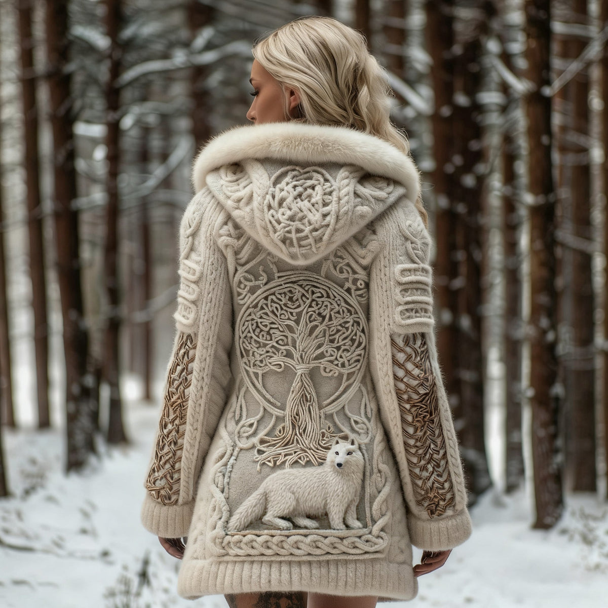 Comstylish Women's White Fox And Tree Of Life Celtic Jacquard Cozy Fur Collar Knit Hooded Cardigan