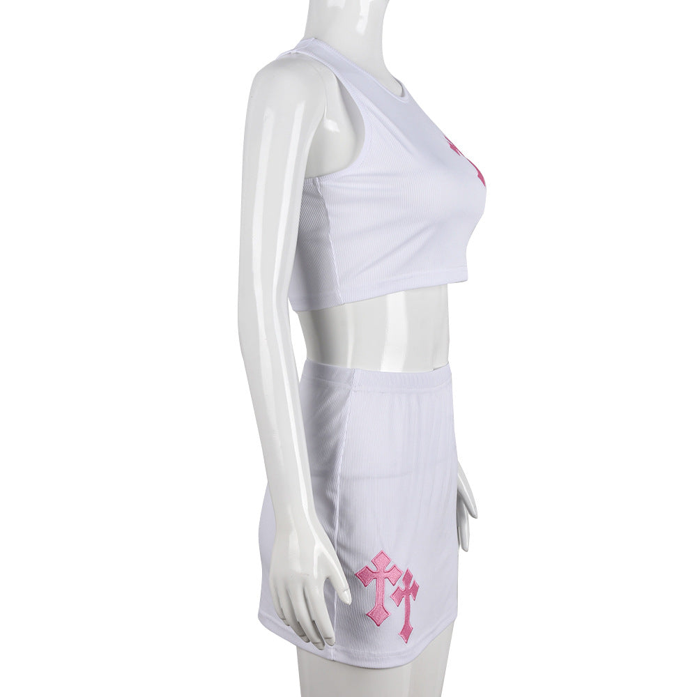 Street Embroidery Cruciate Cropped Tank Top Skirt Set for