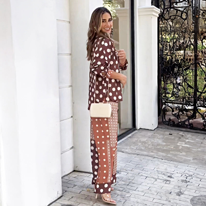 Autumn Winter Polka Dot Lace Wide Leg Pants Set for
