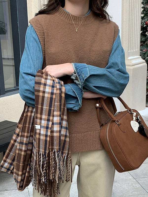 High-low Loose Color Split-joint Split-side Round-neck Knitwear Vest Top