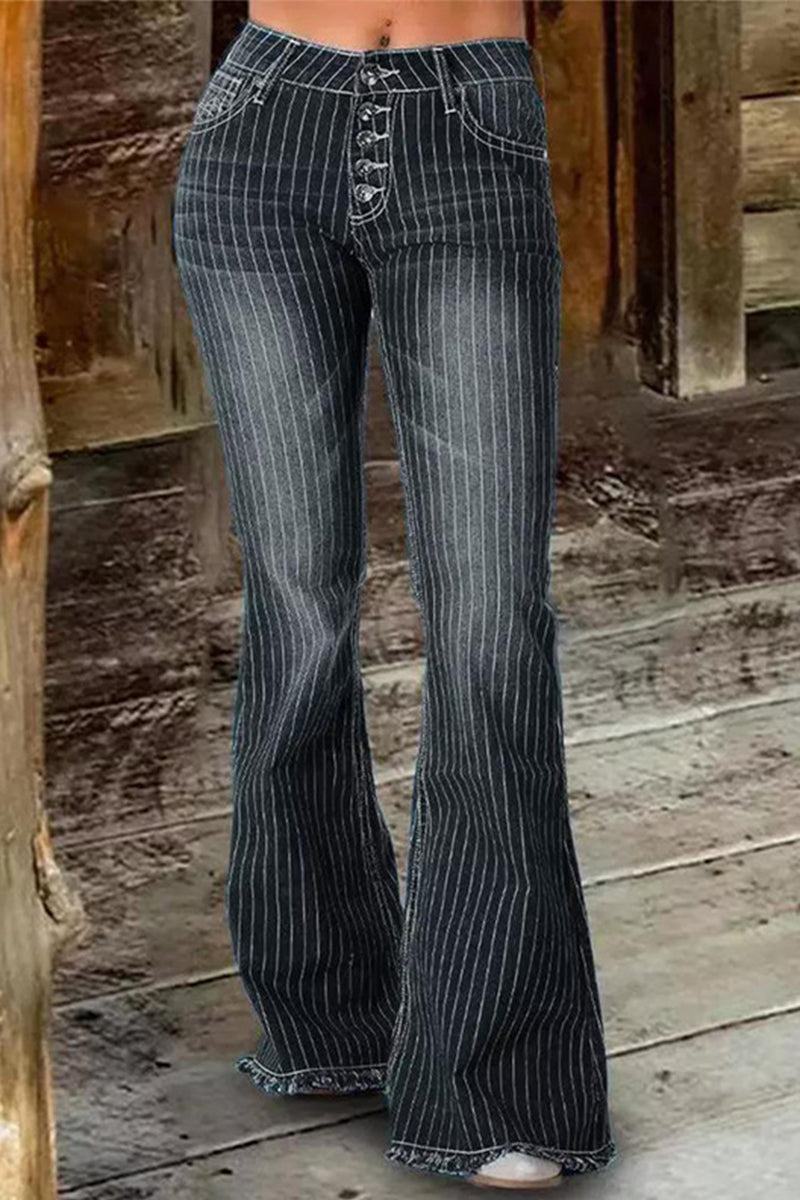Street Striped Make Old Mid Waist Regular Denim Jeans