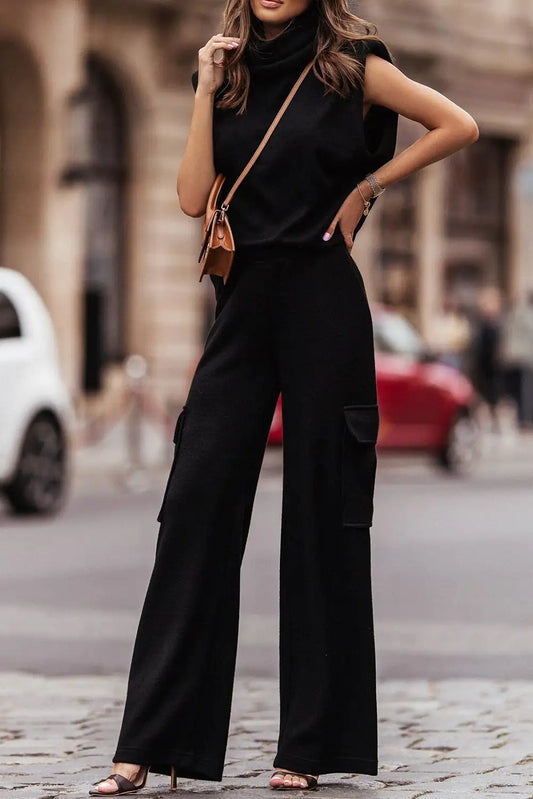 Black High Neck Sleeveless Vest and Cargo Pants Set