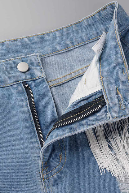 Simplicity Tassel Ripped Straight Denim Shorts