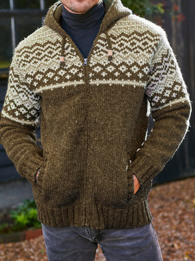 Mens Vintage Fair Isle Knitted Hooded Cardigan elevenforest