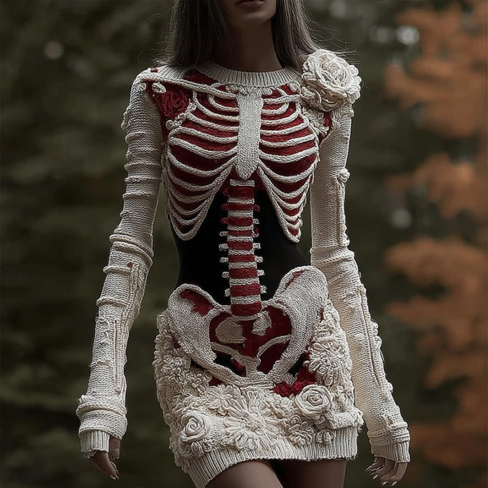 Women's Halloween Skeleton Art Flower Embroidery Dress artswardrobe