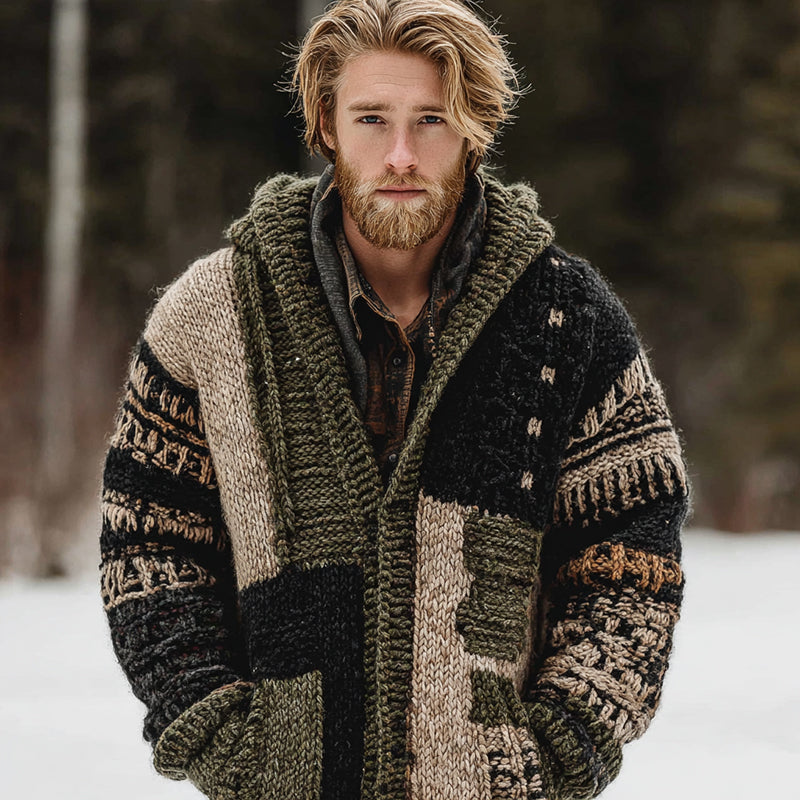 Men's Vintage Geometric Block Art Jacquard Thick Warm Hooded Sweater Cardigan elevenforest