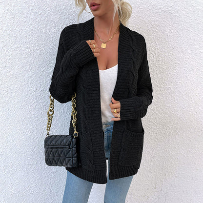 Sweater Autumn Winter New Twist Mid-length Pocket Knitted Cardigan Coat