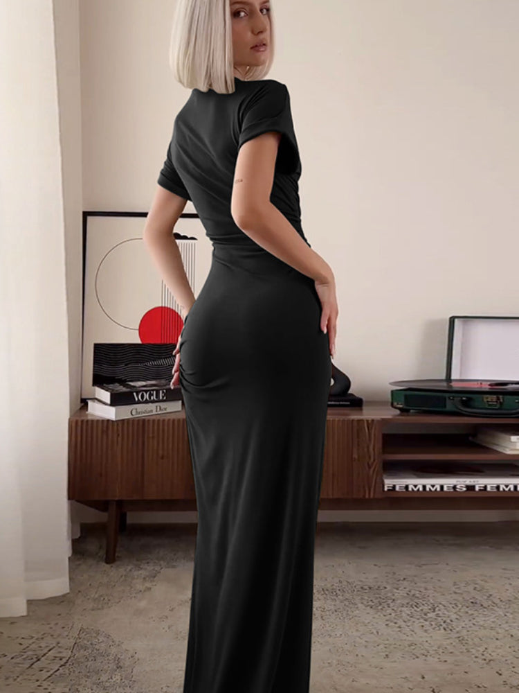 ’s O Neck Maxi Dress Short Sleeve Slim High Waist Dress Side Slit Evening Club Bodycon Dress Lady
