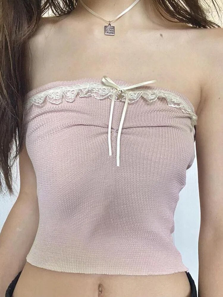 Sweet Off Shoulder Crop Top Kawaii Strapless Pink Tube Tops Bow Stitched Sleeveless Vest Y2k Summer