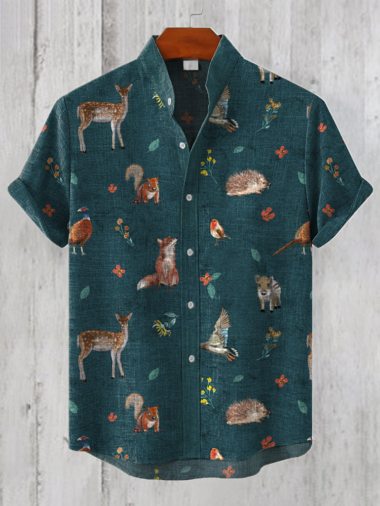 Men's Forest Animals Print Linen Blend Vintage Shirt artswardrobe
