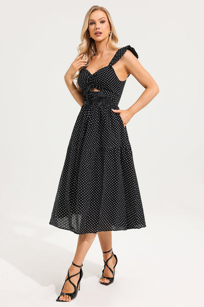 Polka Dot Ruffle Knotted Midi Dress