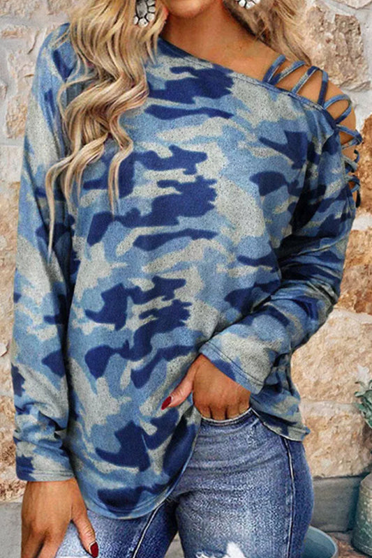 Camouflage Print Patchwork Oblique Collar T-shirts(4 Colors)