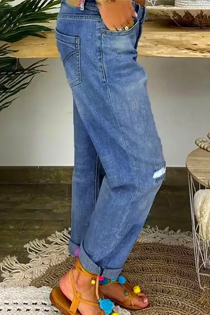 Street Ripped Buckle Low Waist Loose Denim Jeans(4 Colors)