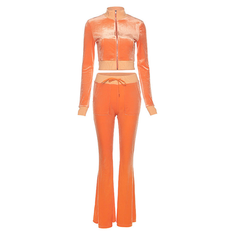 Autumn Europe ’s Velvet Zipper Cardigan & Straight Leg Trousers Set