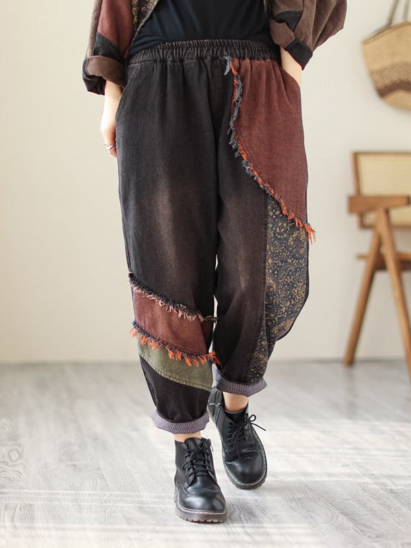 Contrast Color Fringed Split-joint Long Sleeves Printed Outwear + Harem Pants Two Pieces Set