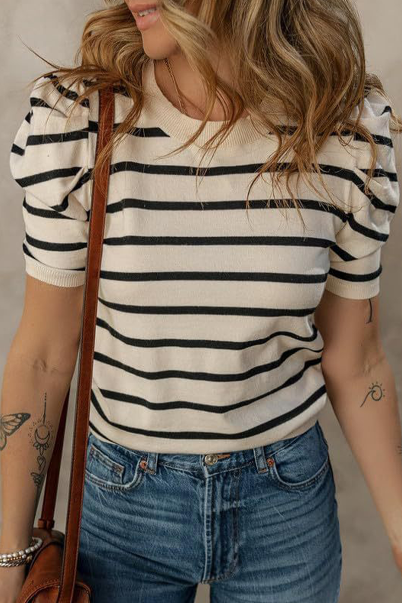 Stripe Ruched Weave O Neck T-shirts(5 Colors)