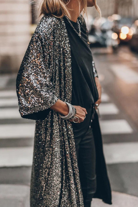 Street Sequins Sequined U Neck Outerwear