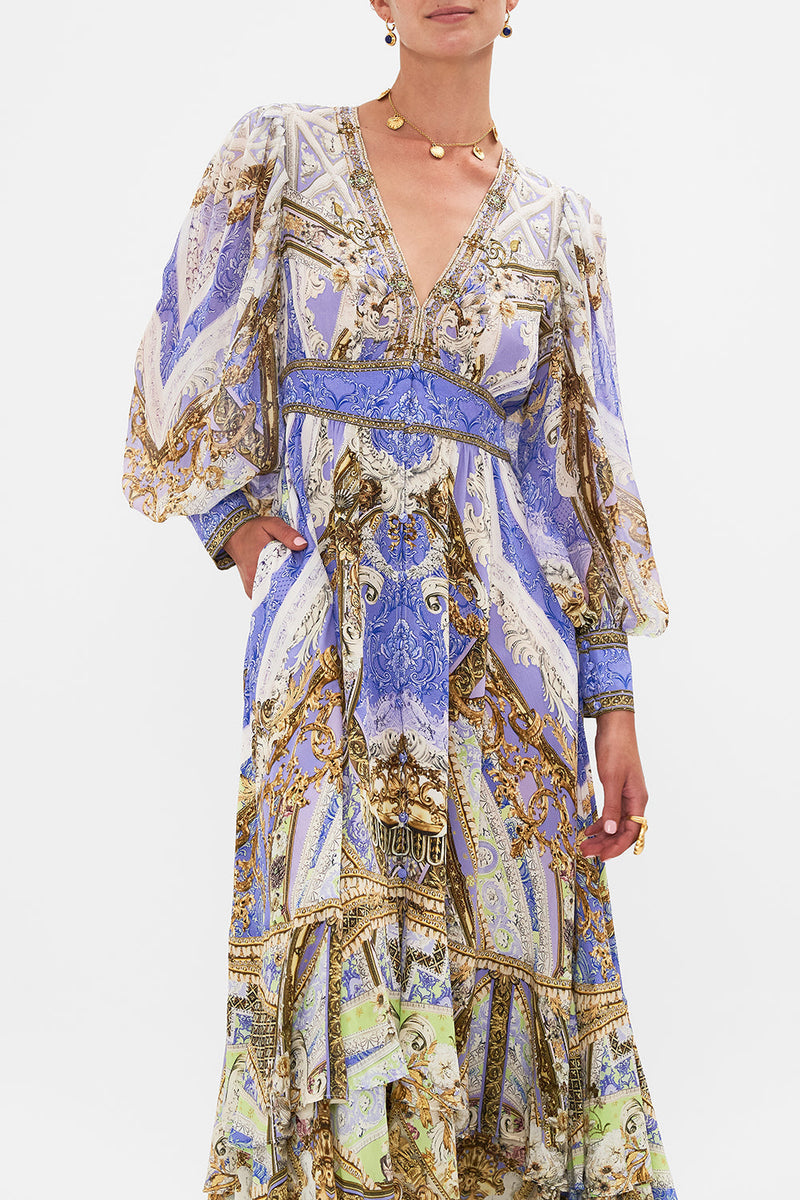 Palace Print V-neck Long Sleeve Maxi Dress