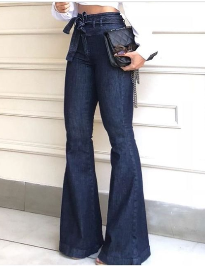High Waist Micro Elastic Lace-up Bell-bottom Pants Wide Leg Pants Jeans
