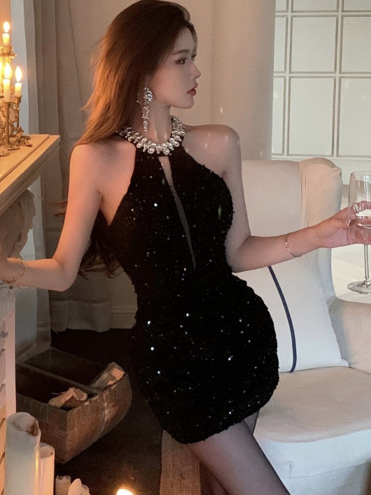 Halter Mini Dress Sleeveless Rhinestone Sequins Hollow Out New Summer Shiny Evening Party Dresses Slim Clubwear