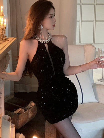 Halter Mini Dress Sleeveless Rhinestone Sequins Hollow Out New Summer Shiny Evening Party Dresses Slim Clubwear
