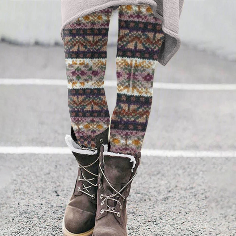 Vintage Floral Colorblock Patchwork Cozy Knit Leggings elevenforest
