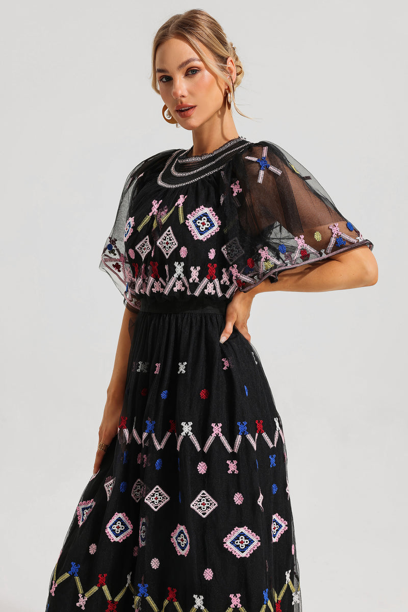 Mesh Embroidered Smocking Midi Dress