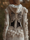Vintage Skeleton Beaded White Roses Cozy Knit Hooded Cardigan artswardrobe