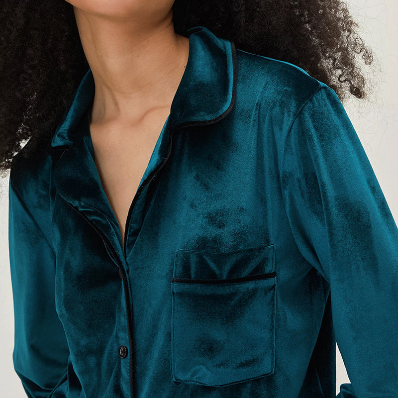Velvet V Neck Suit Collar Cardigan Long Sleeve Suit Homewear Pajamas Spring Autumn Blue