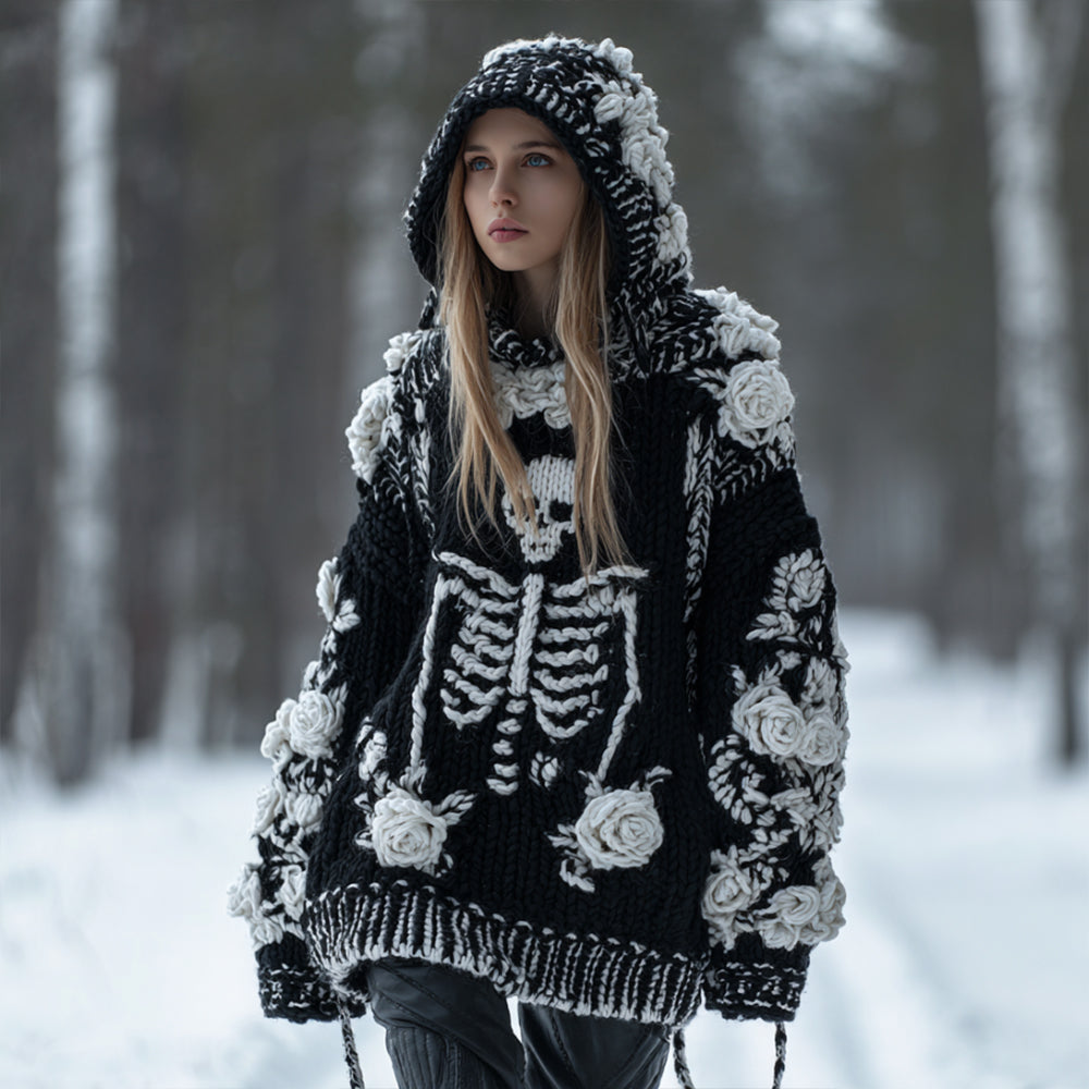 Women's Vintage Three-dimensional White Rose Casual Warm Hooded Sweater artswardrobe