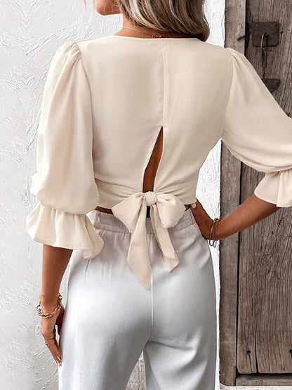 Half Sleeves Loose Elasticity Hollow Ruffled Color Tied V-neck Blouses&shirts Tops