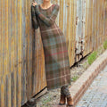 Vintage Scotland Plaid Crew Neck Casual Wool Midi Dress elevenforest