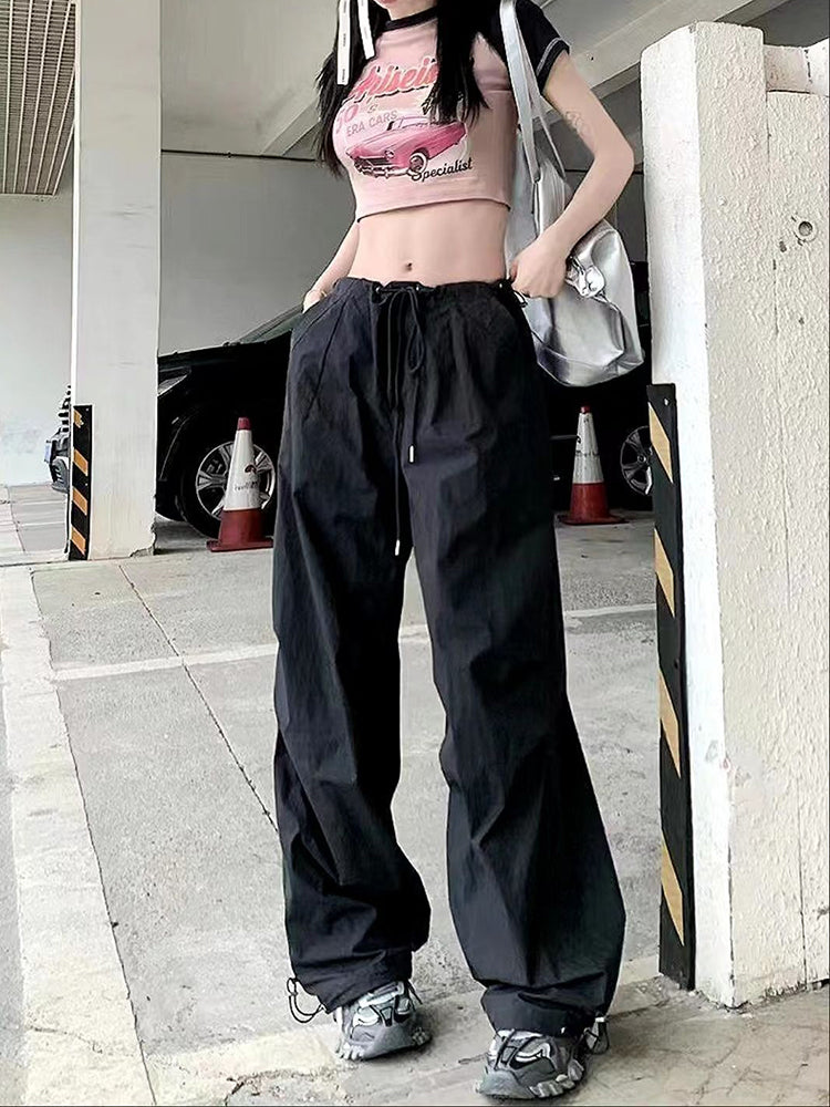 Cargo Pants Summer Retro Loose Drawstring Trousers Joggers Baggy Oversize Sweatpants Mid Waist Y2k Clothes