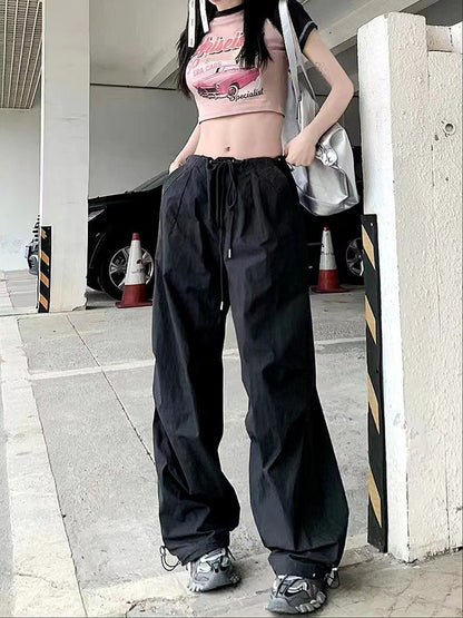 Cargo Pants Summer Retro Loose Drawstring Trousers Joggers Baggy Oversize Sweatpants Mid Waist Y2k Clothes